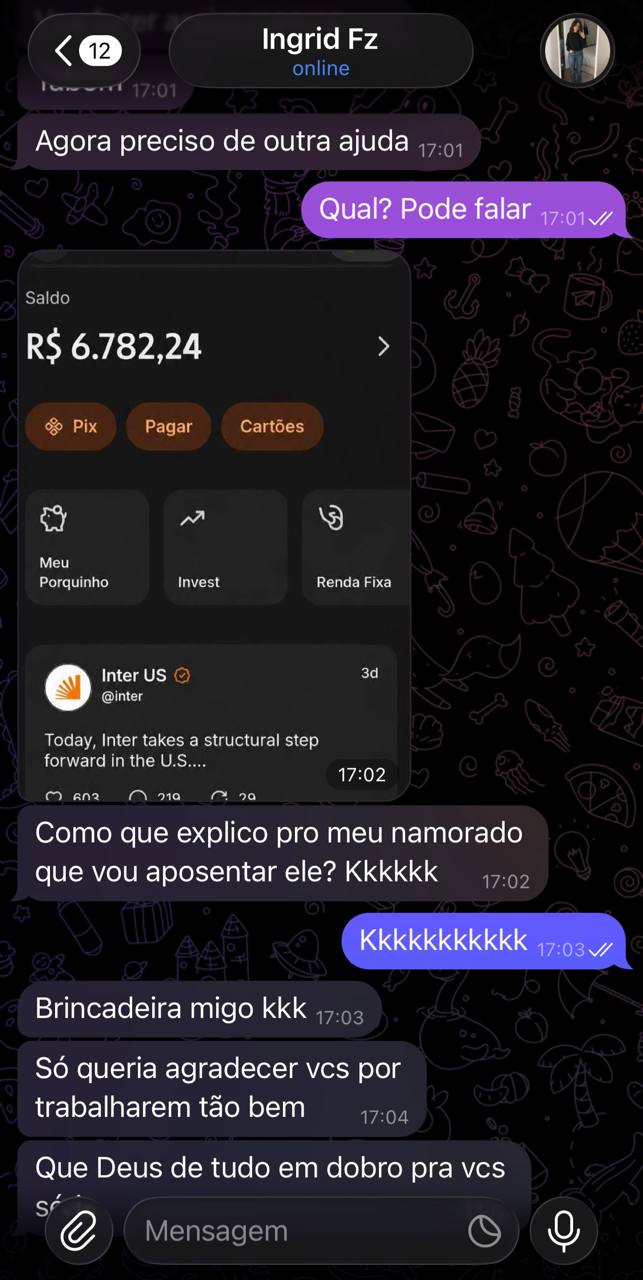 Relato de Ingrid agradecendo o trabalho da equipe